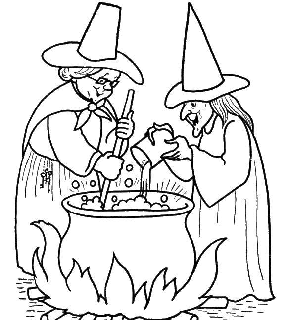 Coloring Ведьмы варят зелье в котле. Category ведьма. Tags:  ведьмы.
