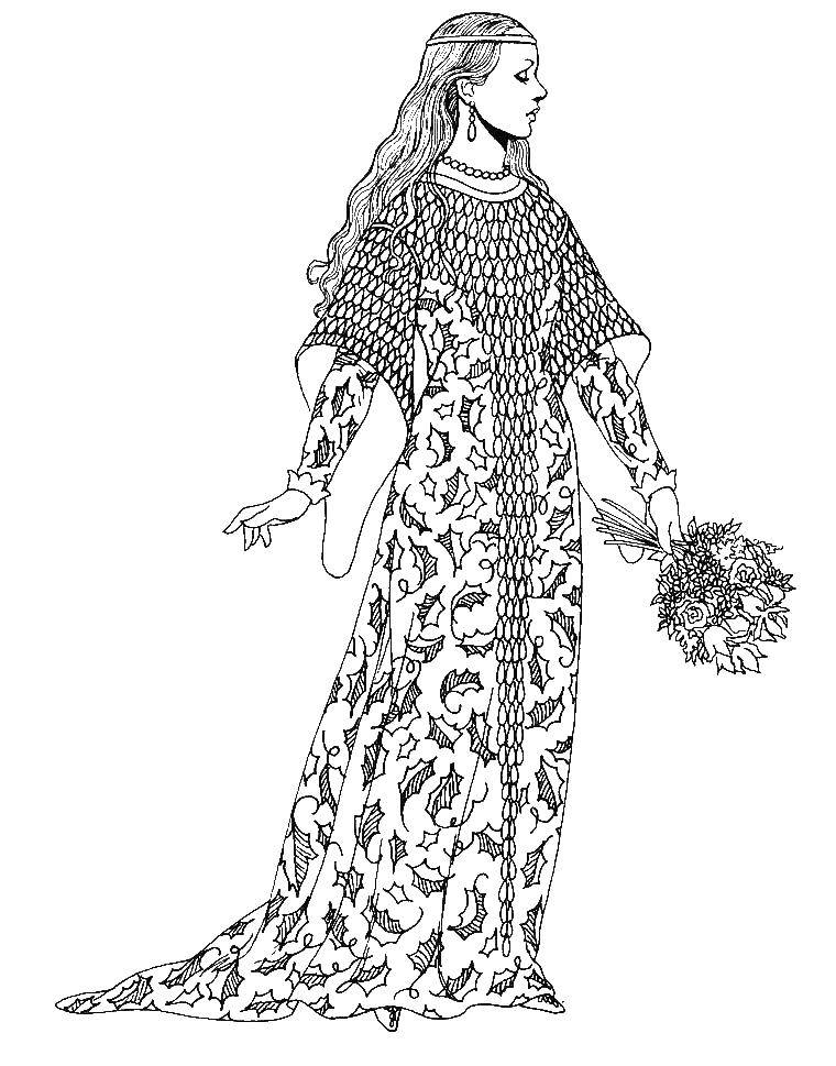 Розмальовки  Дівчина в красивому вбранні з букетом квітів. Завантажити розмальовку Одяг, плаття.  Роздрукувати ,одяг,