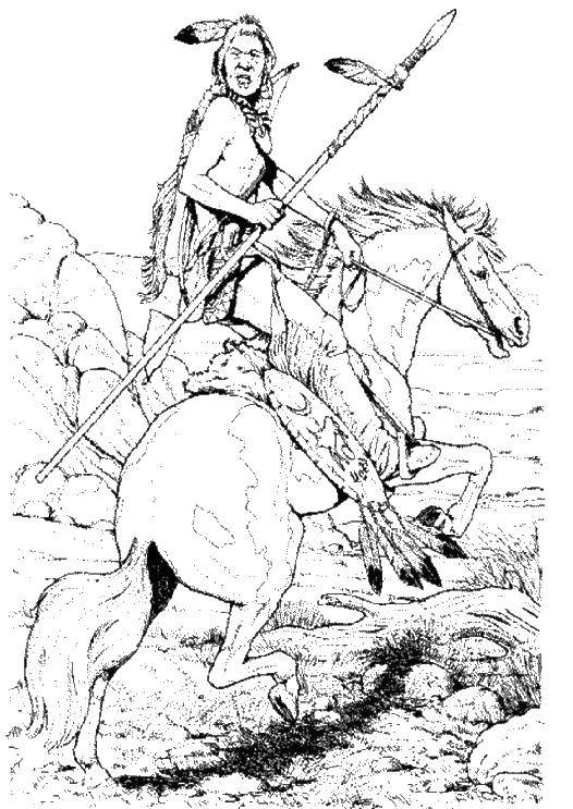 Розмальовки  Індіанець на коні. Завантажити розмальовку індіанець, кінь.  Роздрукувати ,індійці,