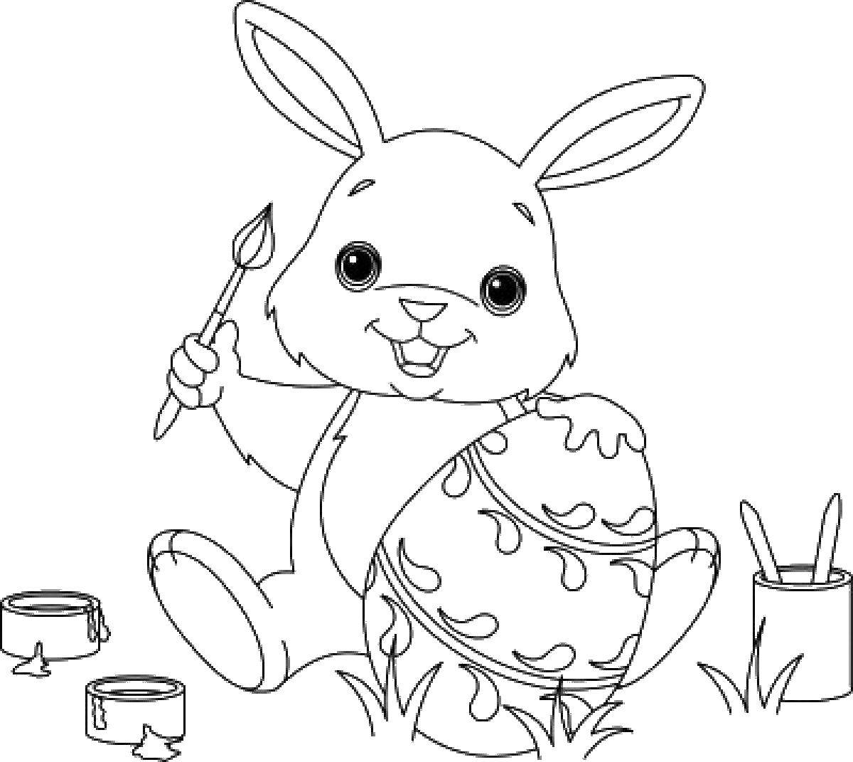 Розмальовки  Кролик розфарбовує яйце. Завантажити розмальовку Великдень, свято, яйце, кролик.  Роздрукувати ,великдень,