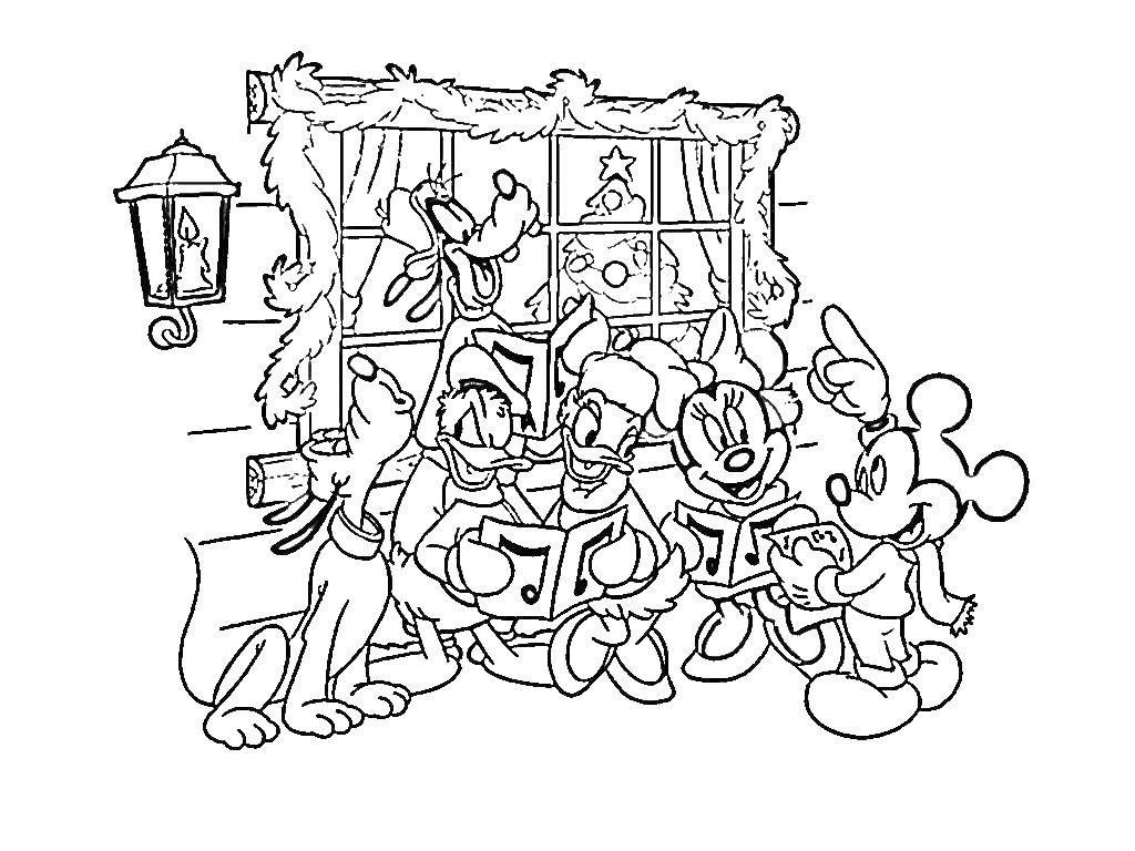 Розмальовки  Міккі маус та його друзі співають на різдво. Завантажити розмальовку різдво, ялинка, санта.  Роздрукувати ,різдво,