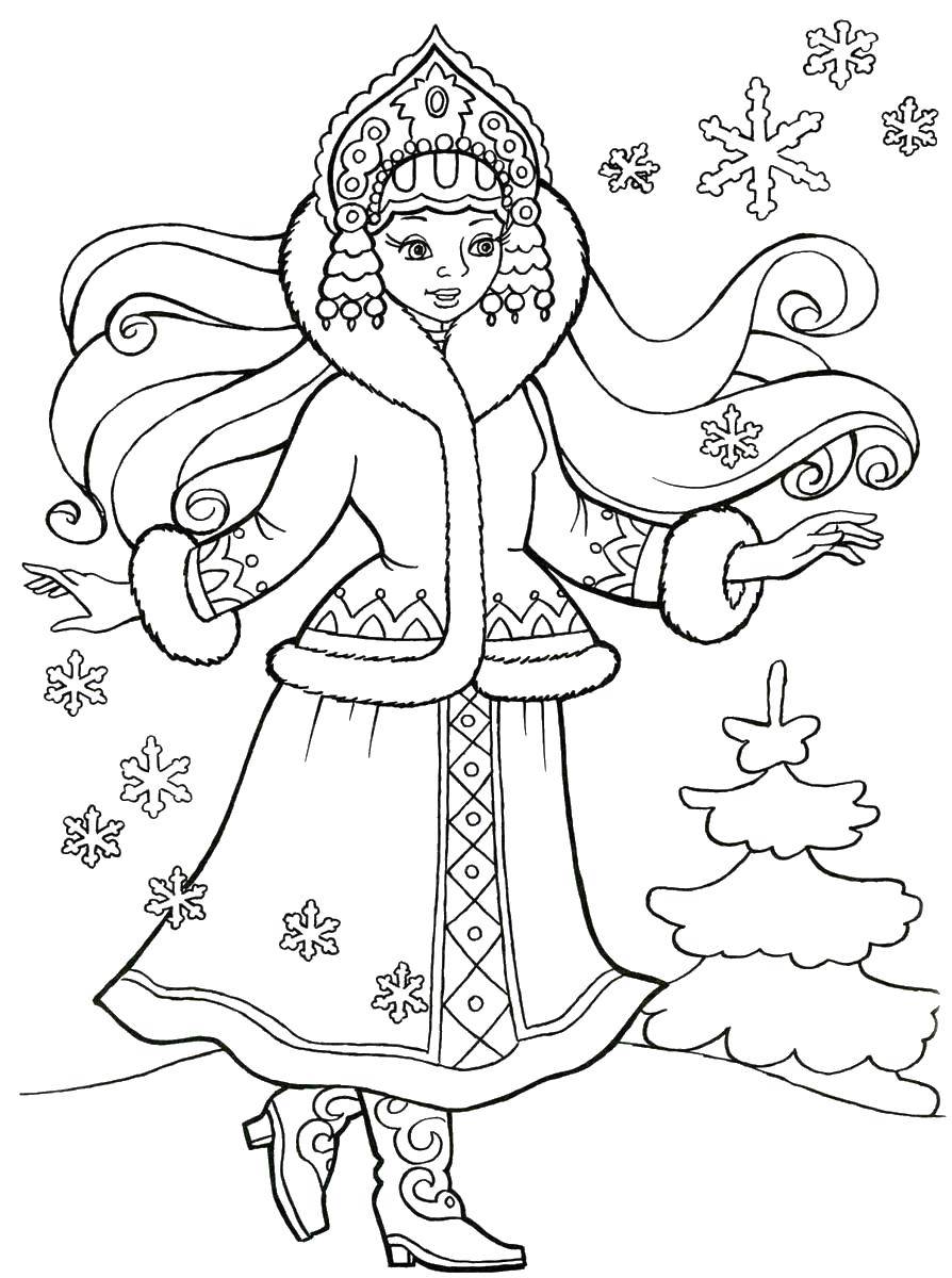 Розмальовки  Снігуронька у красивому вбранні. Завантажити розмальовку Снігуронька, зима, Новий Рік.  Роздрукувати ,новий рік,