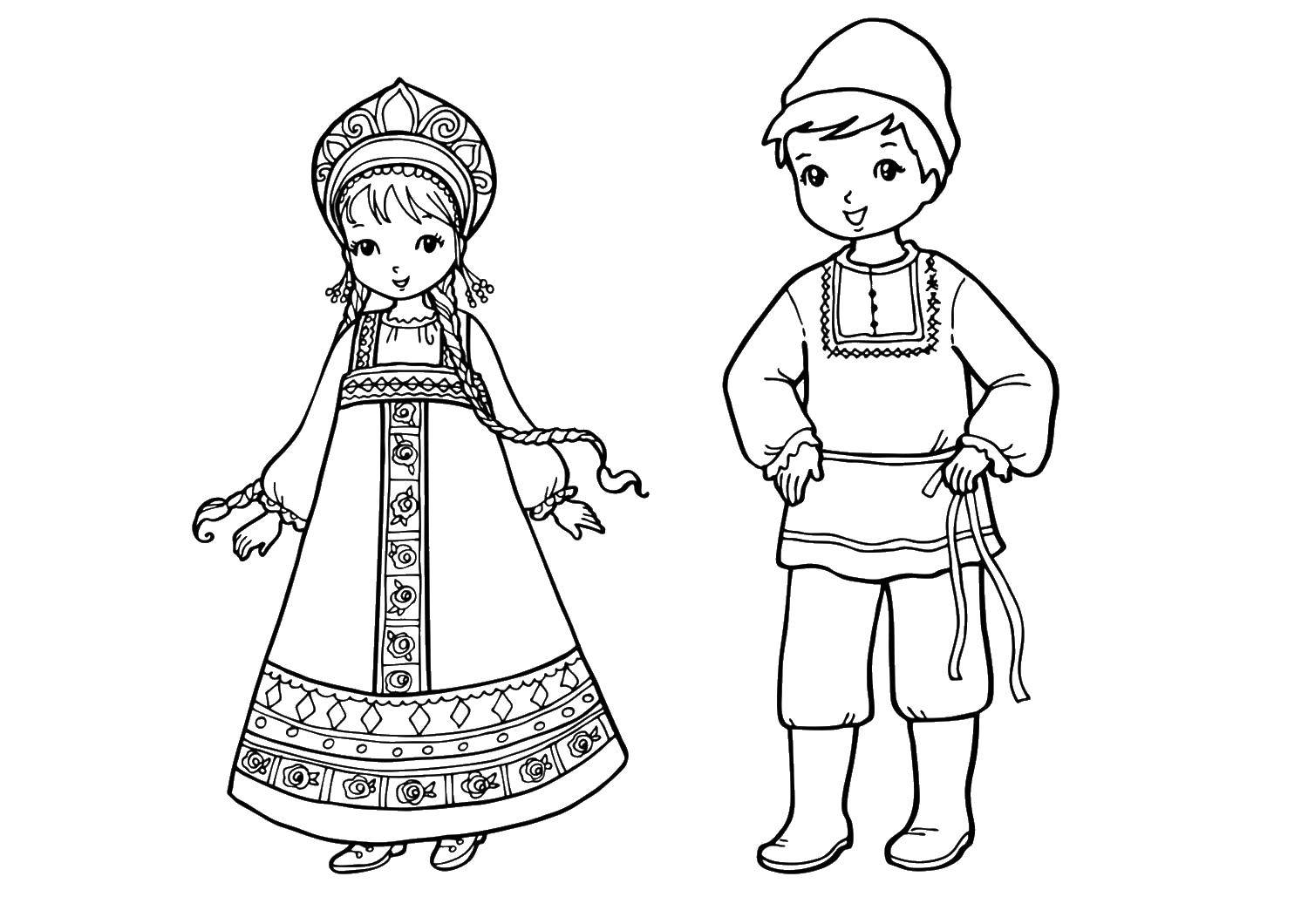 Название: Раскраска Дети в русских народных нарядах. Категория: одежда. Теги: одежда, народное.