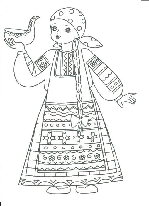 Название: Раскраска Девочка в русском народном платьё. Категория: одежда. Теги: Одежда, платье, народное.