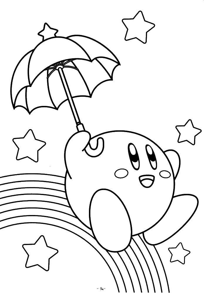 Название: Раскраска Кирби с зонтиком. Категория: Кирби. Теги: Кирби, зонт.