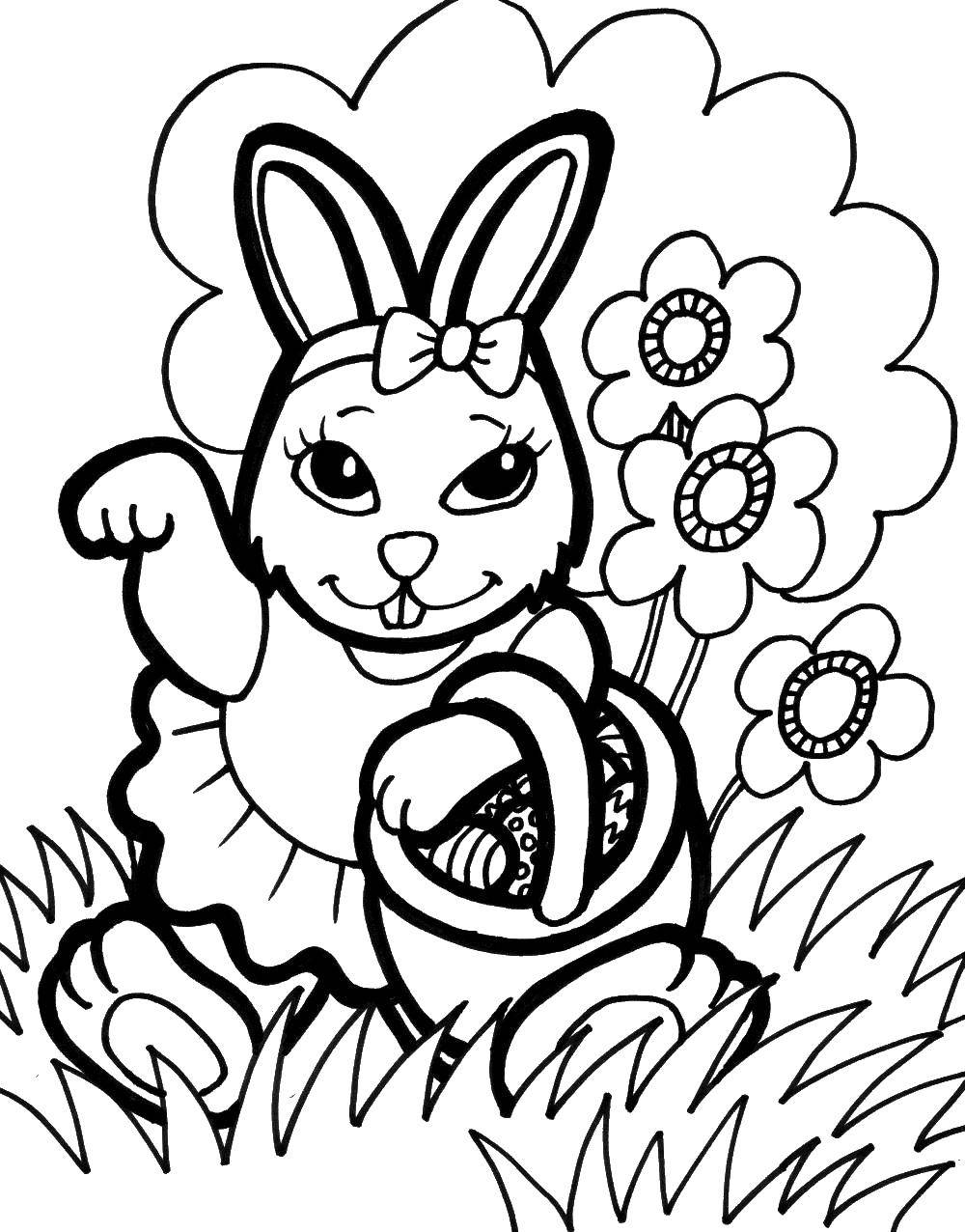 Название: Раскраска Крольчиха с корзиной яиц. Категория: кролик. Теги: кролики, яйца, Пасха.