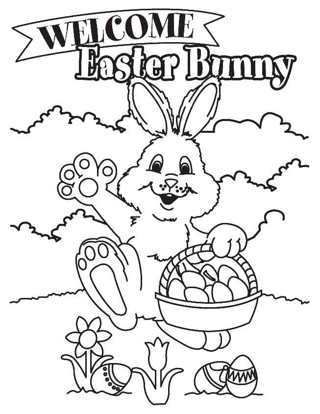Название: Раскраска Кролик с пасхальными яйцами в корзине. Категория: кролик. Теги: кролик, заяц, пасха.