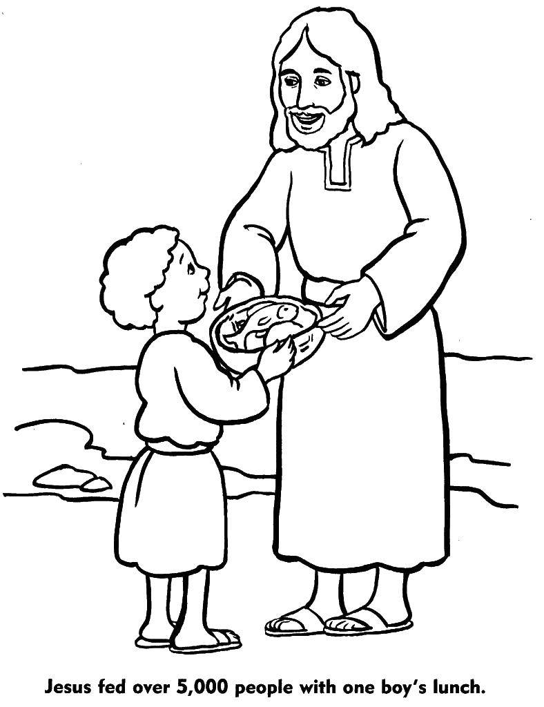 Название: Раскраска Мальчик делится едой с иисусом. Категория: Религия. Теги: иисус, библия.