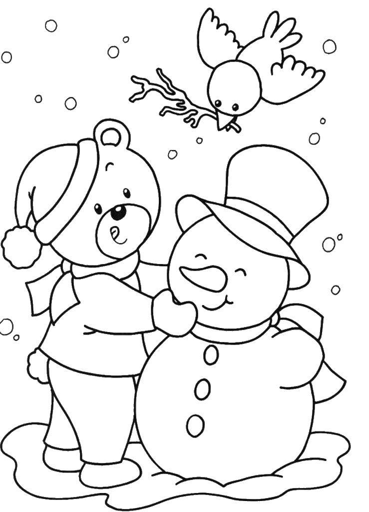 Название: Раскраска Мишка и птичка лепят снеговичка. Категория: снеговик. Теги: Снеговик, снег, зима.