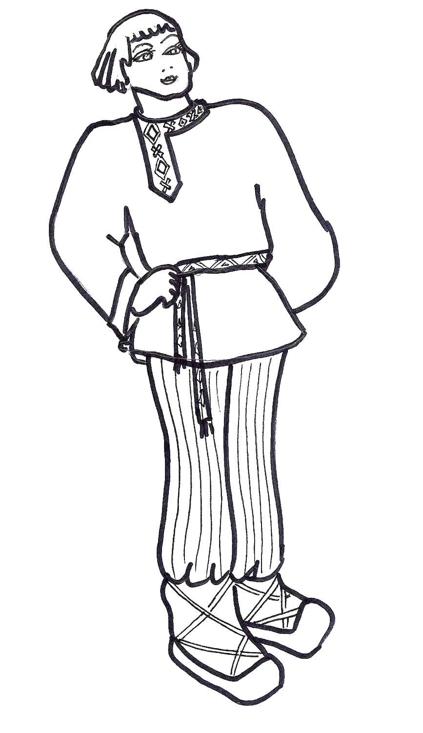 Coloring The guy in the Russian folk dress and sandals. Category clothing. Tags:  clothing, folk shoes.