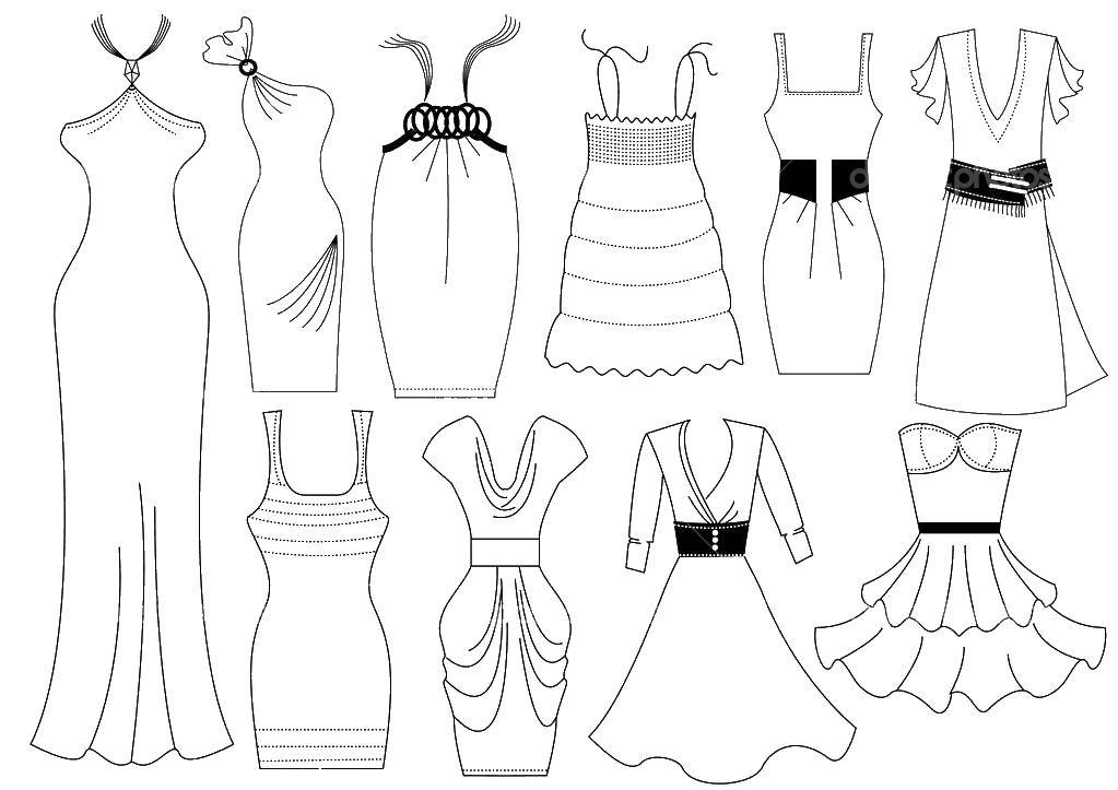 Название: Раскраска Разные платья. Категория: Платья. Теги: платья, гардероб.