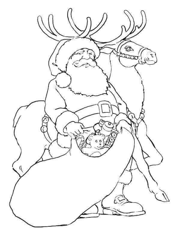 Название: Раскраска Санта клаус и олень. Категория: рождество. Теги: Рождество, елка, Санта, олень, подарки.