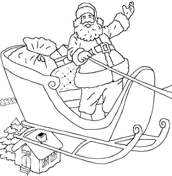 Название: Раскраска Санта клаус на санях. Категория: рождество. Теги: рождество, Санта, сани.