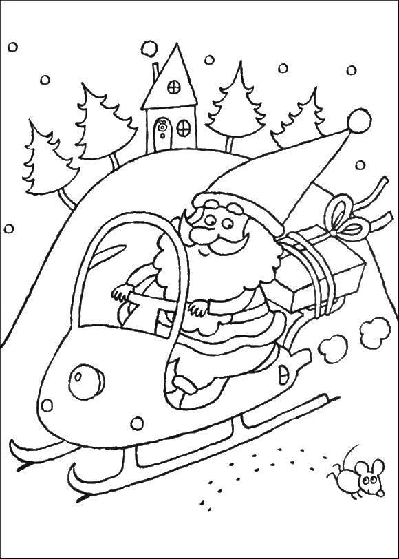 Название: Раскраска Санта клаус принёс подарочки за рулём саней. Категория: рождество. Теги: Рождество, Санта Клаус.