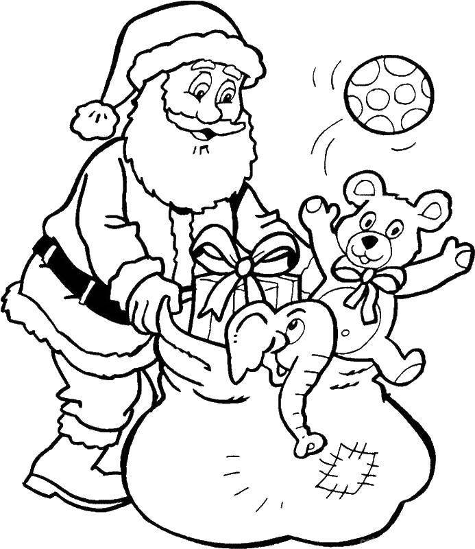 Coloring Santa Claus with full sack of gifts. Category Christmas. Tags:  Christmas, tree, Santa.