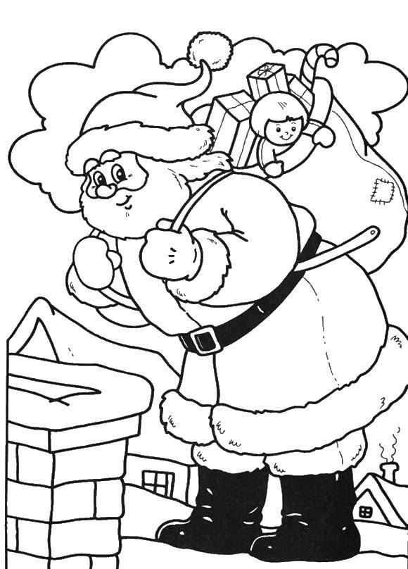 Название: Раскраска Санта клаус с рождественскими подарками. Категория: рождество. Теги: Санта Клаус, рождество.