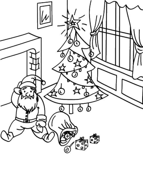 Название: Раскраска Санта клаус сидит у ёлки. Категория: рождество. Теги: Рождество, Санта Клаус, подарки.