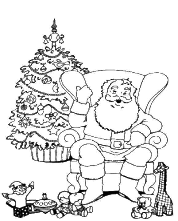 Coloring Santa Claus in chair by Christmas tree. Category Christmas. Tags:  Christmas, tree, Santa.