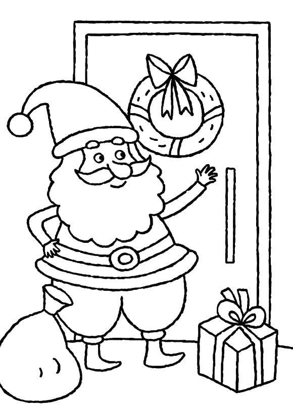 Название: Раскраска Санта стучится в дверь. Категория: рождество. Теги: Санта Клаус, рождество.