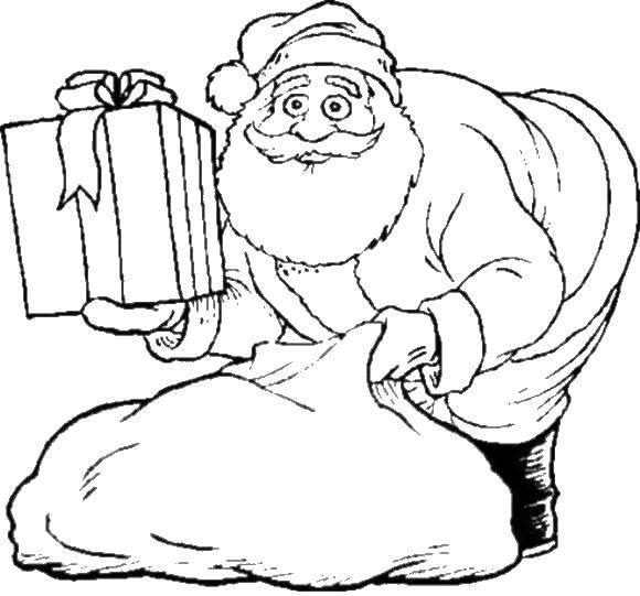 Название: Раскраска Санта укладывает подарки. Категория: рождество. Теги: рождество, Санта Клаус, подарки.