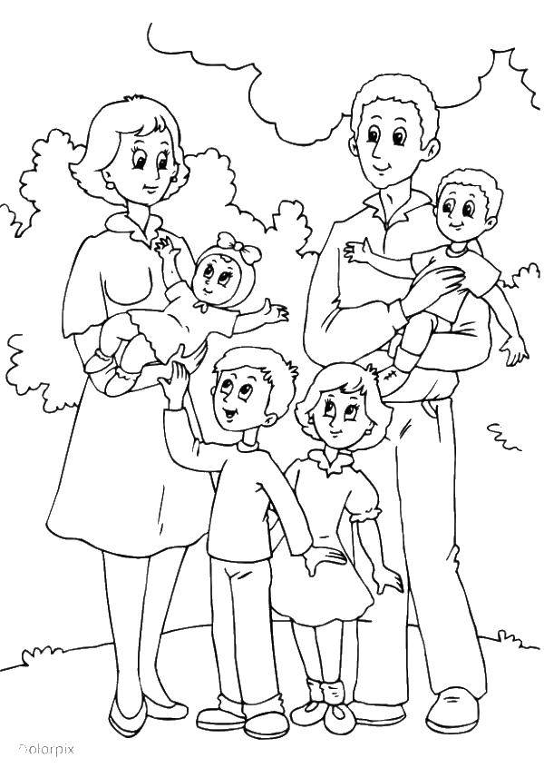 Coloring Family with four children. Category family. Tags:  family, families, children.