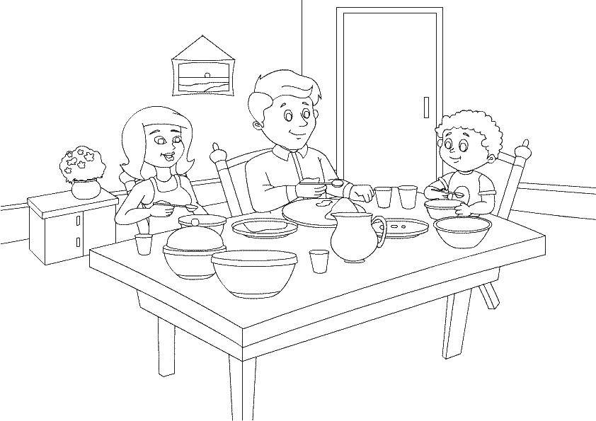 Название: Раскраска Семья за столом на обеде. Категория: Семья. Теги: Семья, дети.