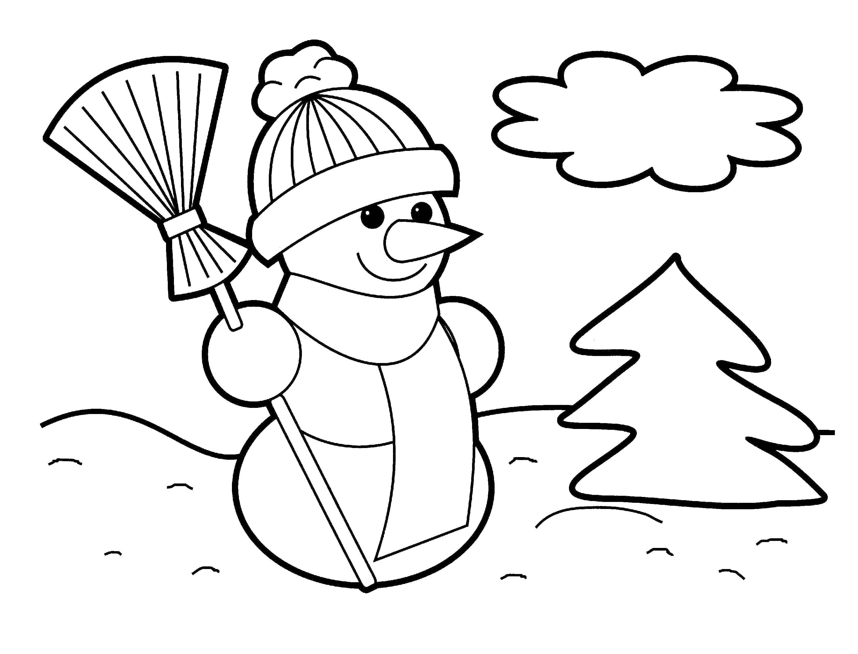 Coloring Snowman with broom. Category snow. Tags:  snow, snowman, winter.
