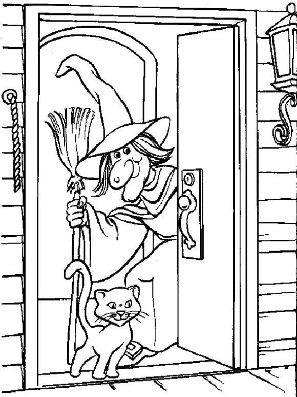 Название: Раскраска В дом к ведьме. Категория: ведьма. Теги: Хэллоуин, ведьма, ночь, кот, метла.