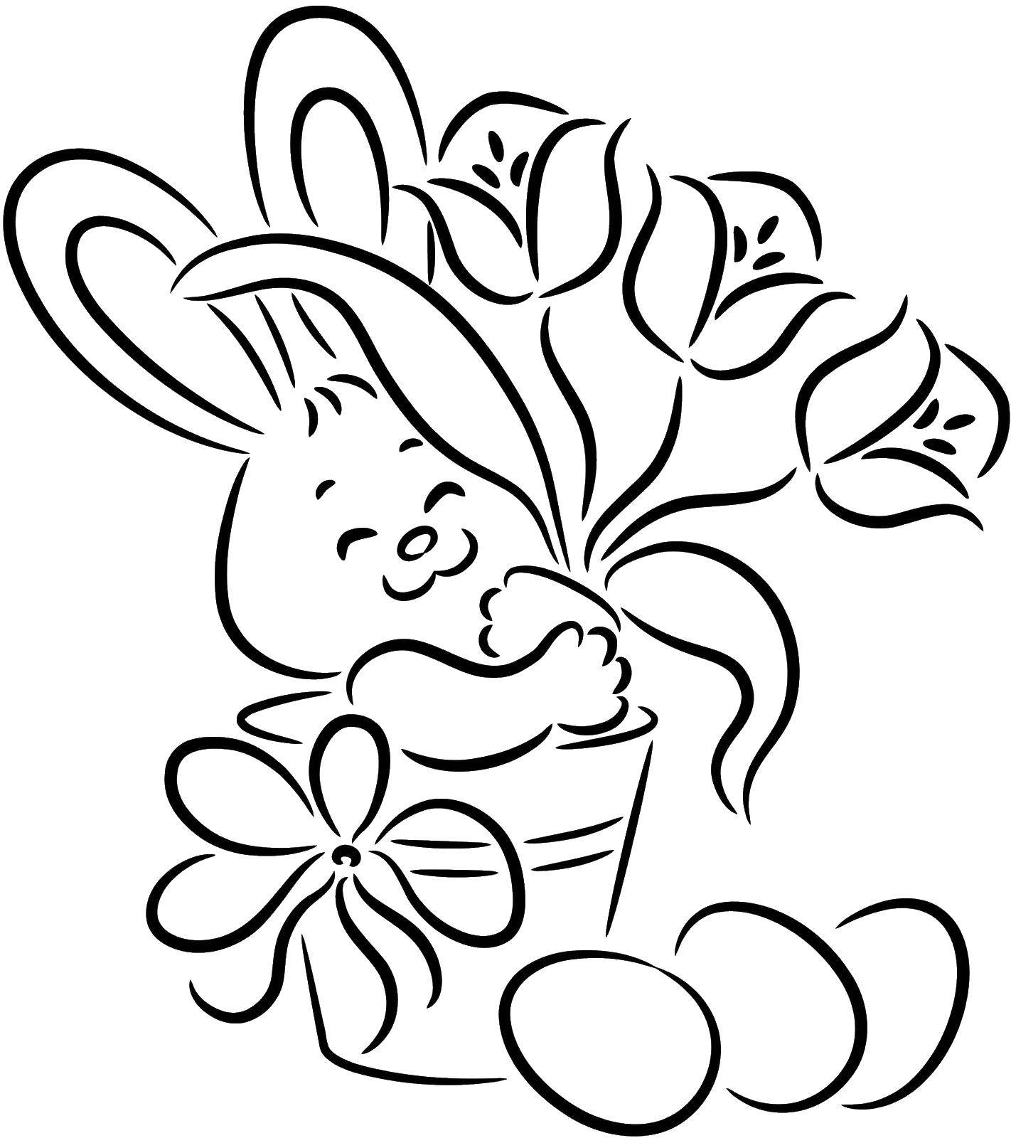 Название: Раскраска Заяц с цветами и яйцами. Категория: пасха. Теги: Пасха, праздник, яйца, кролик.