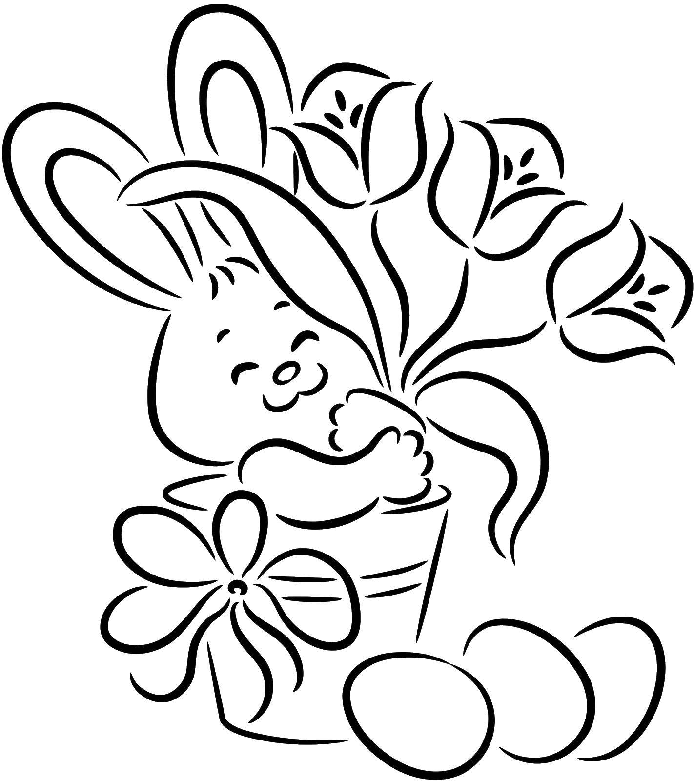 Coloring Bunny with flowers and eggs. Category Easter. Tags:  Easter, holiday, eggs, Bunny.