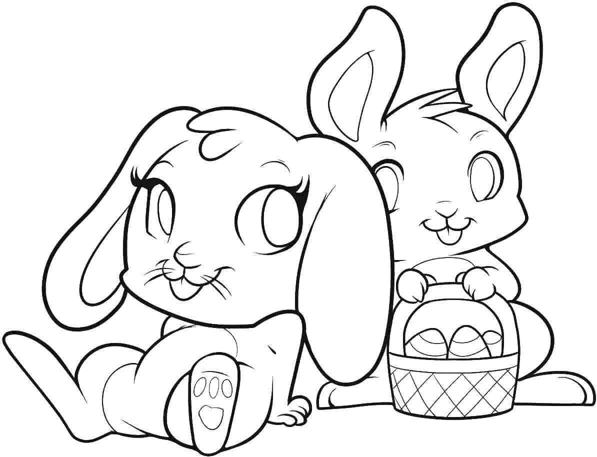 Название: Раскраска Зайчики с корзиной яиц. Категория: Животные. Теги: животные, кролик, заяц.