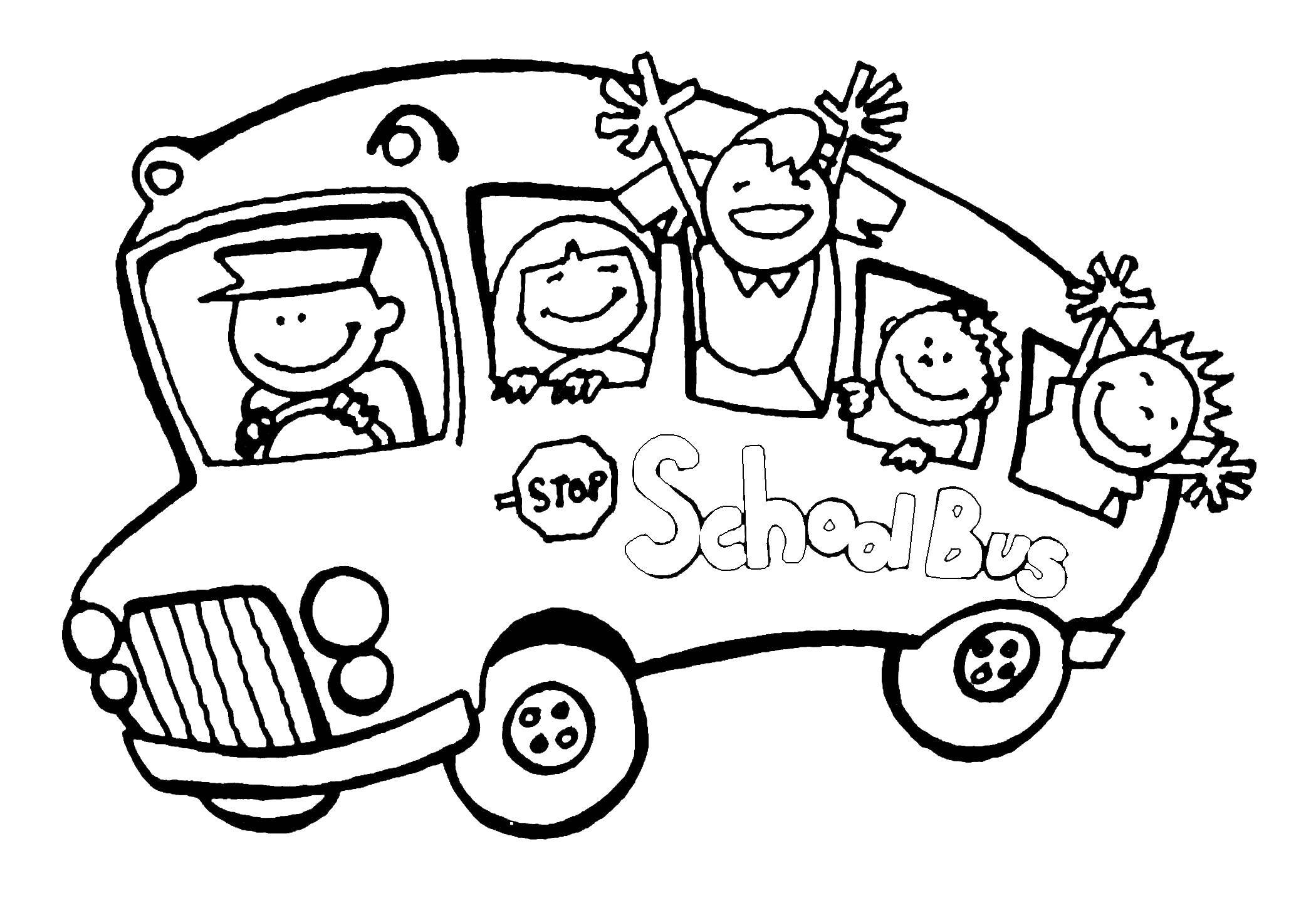 Розмальовки  Діти в шкільному автобусі. Завантажити розмальовку школа, шкільний автобус, діти.  Роздрукувати ,школа,
