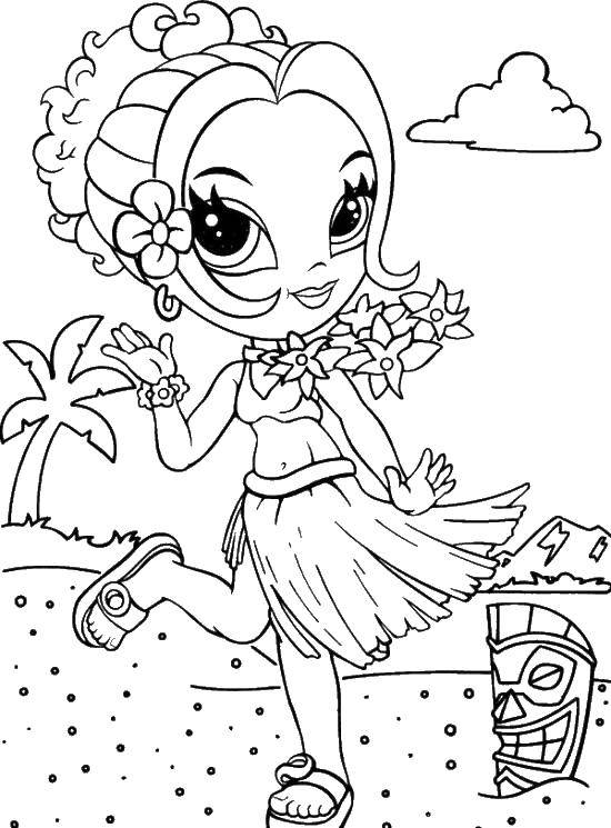 Розмальовки  Дівчинка на гаваях. Завантажити розмальовку Пляж, пісок, квіти.  Роздрукувати ,Пляж,