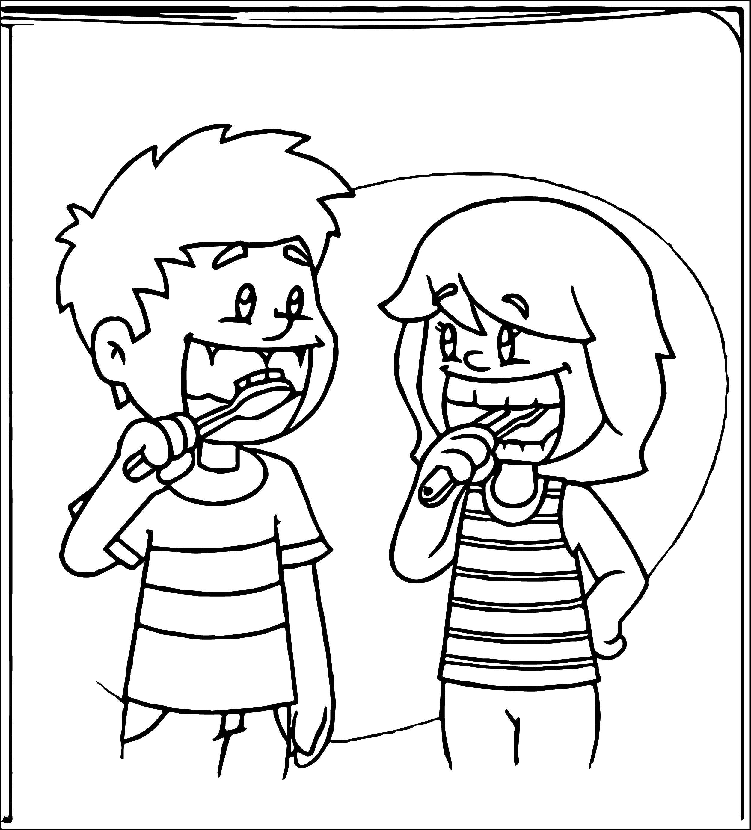 Розмальовки  Хлопчик і дівчинка чистять зуби. Завантажити розмальовку Догляд за зубами.  Роздрукувати ,Догляд за зубами,