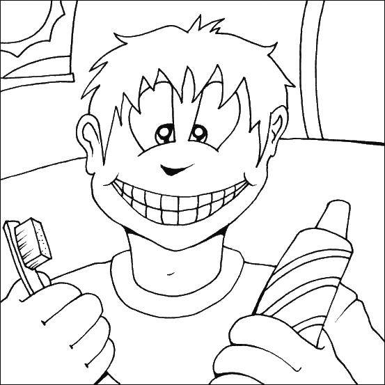Розмальовки  Хлопчик із зубною пастою і щіткою. Завантажити розмальовку чищення зубів, зуби, зубна паста, зубна щітка.  Роздрукувати ,Догляд за зубами,