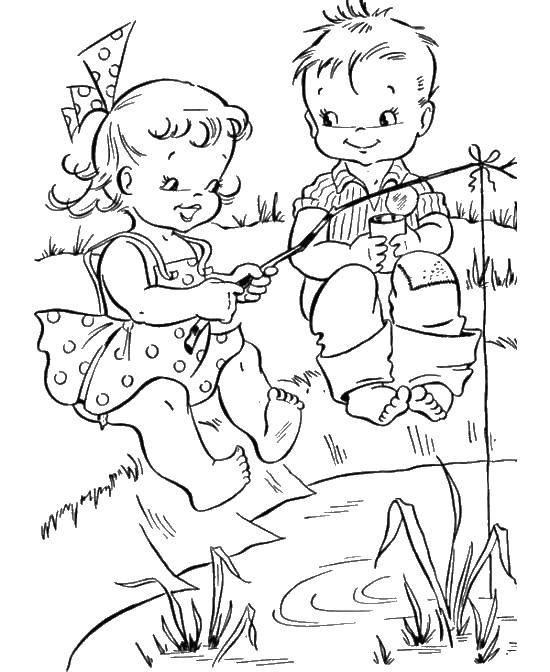 Розмальовки  Рибалка дітей. Завантажити розмальовку Діти, дівчинка, хлопчик.  Роздрукувати ,Діти грають,