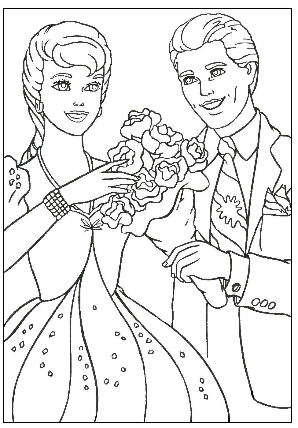 Coloring Barbie and her husband. Category wedding. Tags:  Wedding, dress, bride, groom.