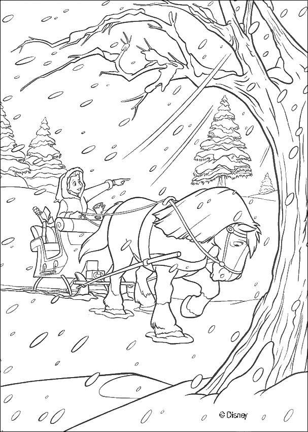 Coloring Belle sleigh in winter. Category beauty and the beast. Tags:  Beauty and the Beast, Disney.