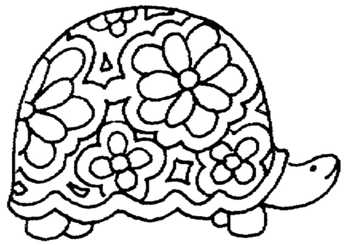 Название: Раскраска Черепашка с панцирем в цветочек. Категория: черепаха. Теги: животные, черепашки, панцирь, цветочки.