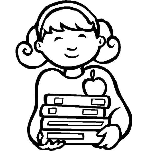 Название: Раскраска Девочка со стопкой книг и яблоком. Категория: Девочка. Теги: девочка, книги.