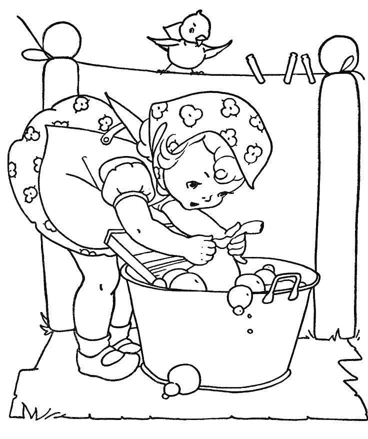 Coloring A girl washes clothes. Category Laundry service. Tags:  wash, girl, purity.