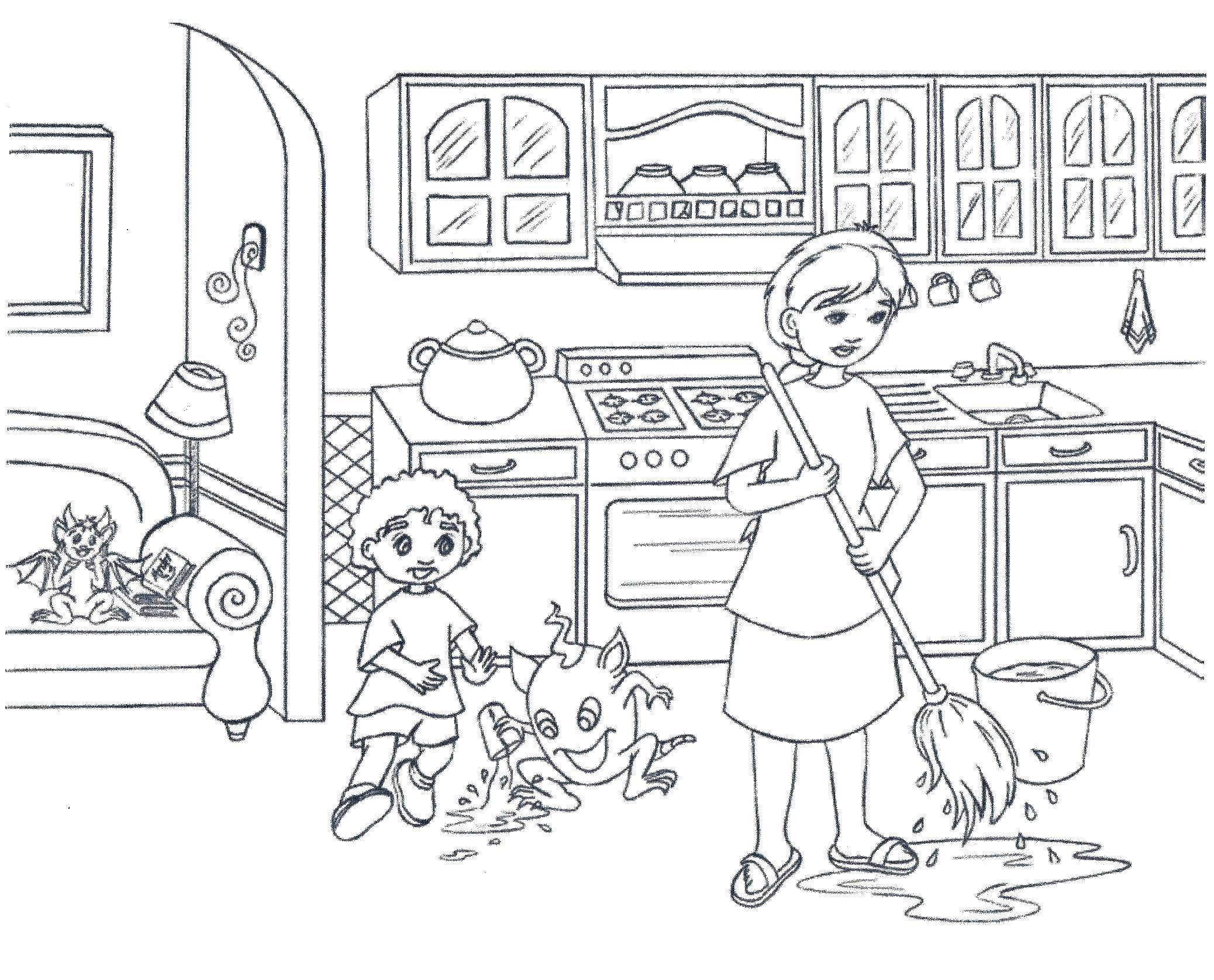 Название: Раскраска Девушка убирает кухню. Категория: Кухня. Теги: кухня, девушка, метла.