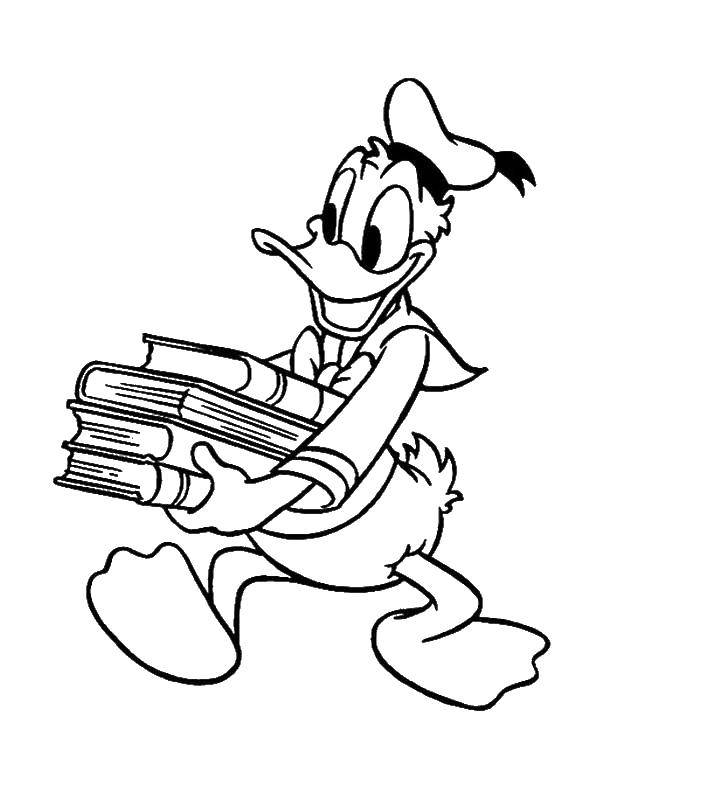 Название: Раскраска Дональд дак несет стопку книг. Категория: мультфильмы. Теги: мультфильмы, Дональд Дак, книги, утка.
