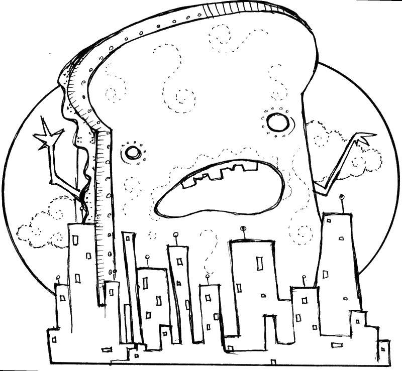 Название: Раскраска Гигантский зуб напал на город. Категория: Уход за зубами. Теги: Уход за зубами.