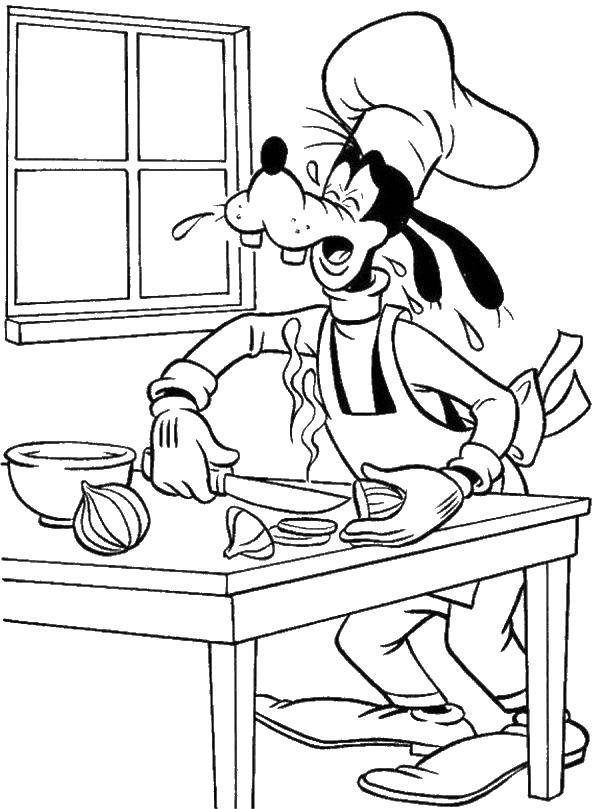Coloring Goofy is cutting onion and crying. Category Cooking. Tags:  Kitchen, home, food.