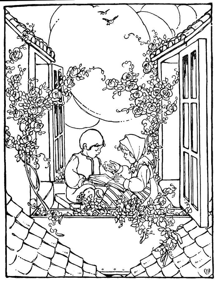 Название: Раскраска Мальчик и девочка читают книгу. Категория: книги. Теги: мальчик, девочка, цветы, книга.