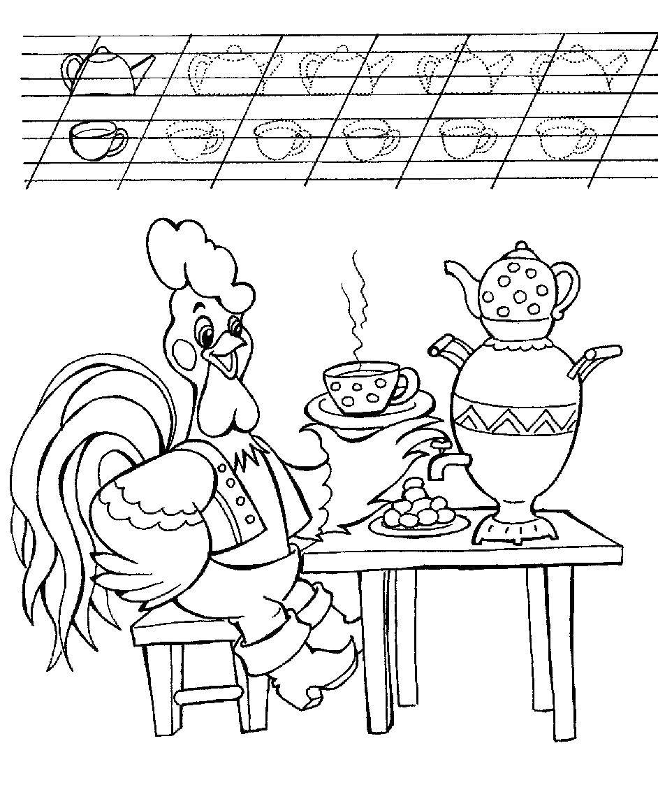 Coloring Cock drinking tea. Category tracing. Tags:  The cock.