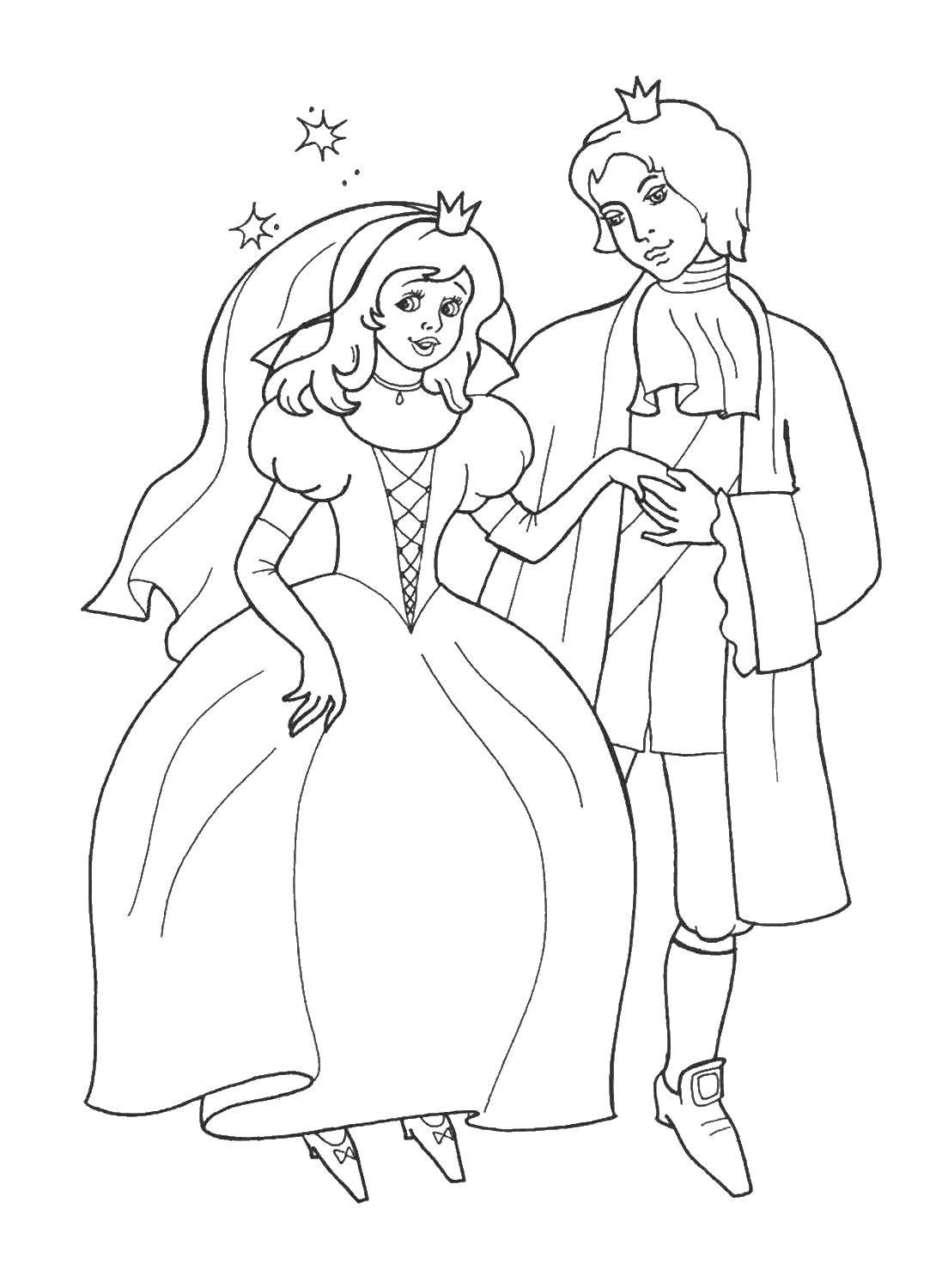 Название: Раскраска Принц и принцесса женятся. Категория: свадьба. Теги: Свадьба, платье, жених, невеста.