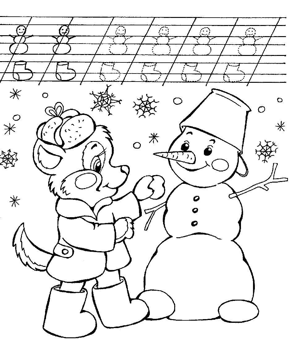 Название: Раскраска Волчонок лепит снеговика. Категория: прописи. Теги: Волк, снеговик, зима, снег.
