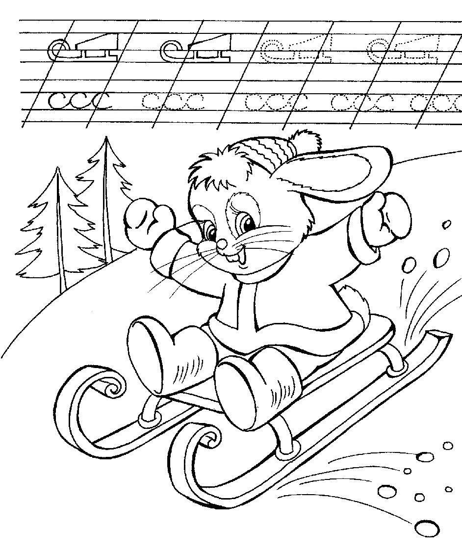 Coloring Bunny on a sled. Category tracing. Tags:  Sled, Bunny, winter.
